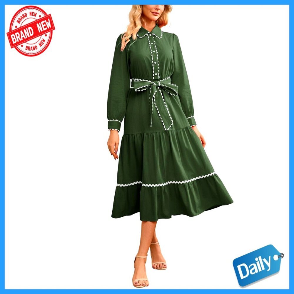 Button Down Tiered Midi Dress Long Sleeve Elastic Waist Belted Casual Chic